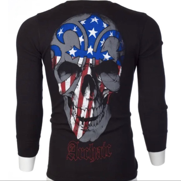 Archaic by Affliction Men's Thermal Shirt BORN PATRIOT Skull Biker Black - Picture 7 of 8